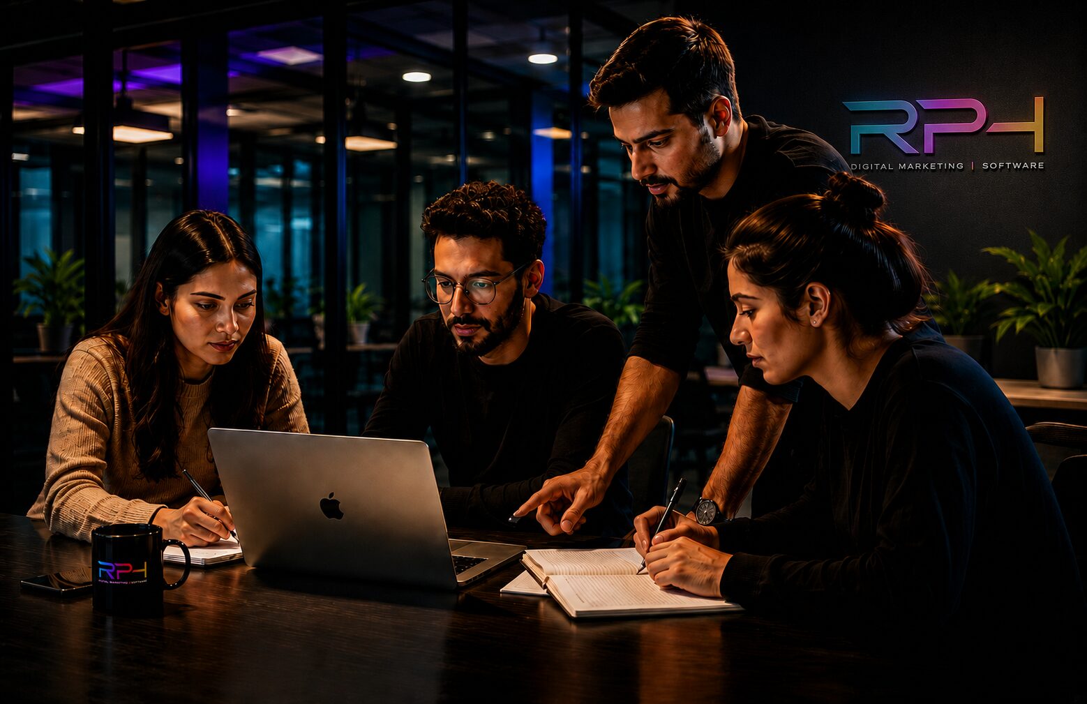 Equipo de marketing debatiendo estrategias de crecimiento